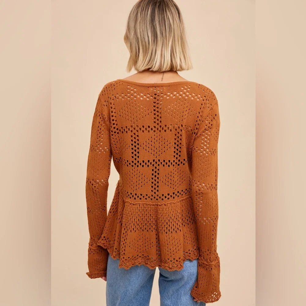 NWOT In Loom Penelope Pointelle Knit Sweater Pumpkin Size Small